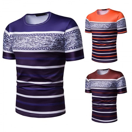 New Summer Men's Short-Sleeved T-Shirt Contrast Striped Slim Casual T-Shirt